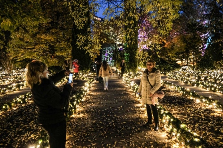 Dos mujeres se hacen una foto con las luces de Navidad del Jardín Botánico.