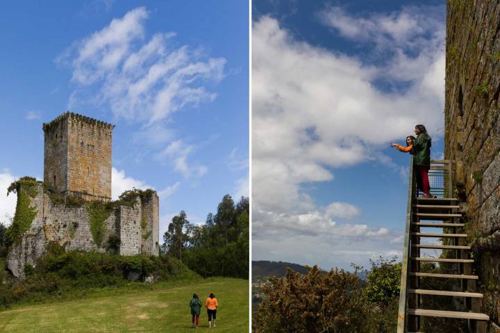 Fotomontaje de dos peregrinas acercándose al Castelo de Andrade, ubicado cerca de Pontedeume