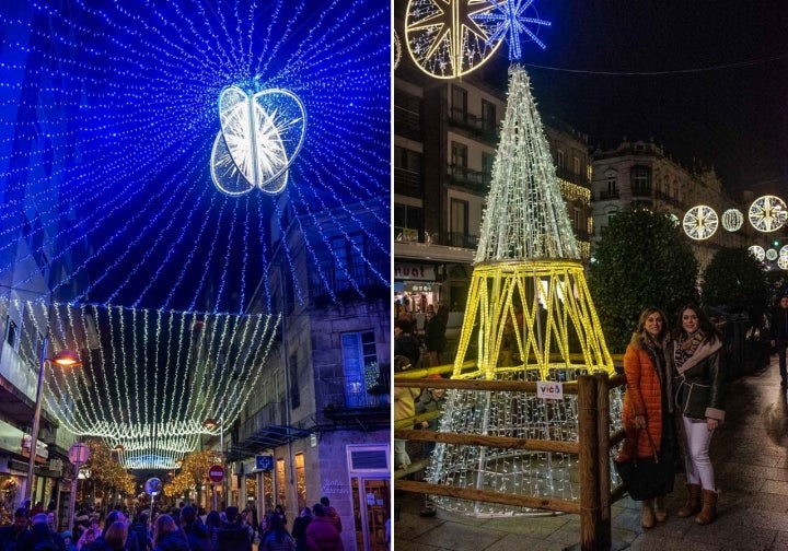 La calle Progreso con la estrella de nieve y detalle de abetos por la ciudad.