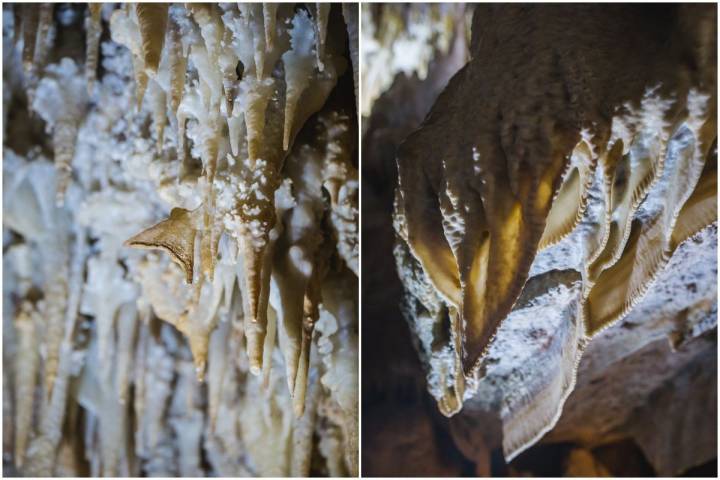 Diferentes formaciones kársticas en la Cueva Masero, de las Cuevas Fuentes de León, en la provincia de Badajoz.