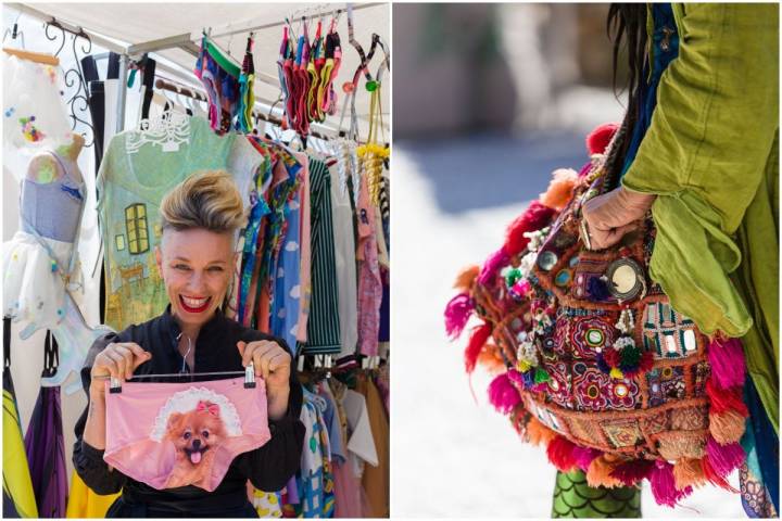 Una chica muestra unas bragas con diseño de perro y un bolso hippie en el mercadillo de Las Dalias, Ibiza.