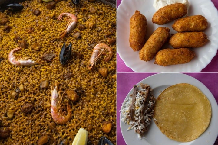 Arroz con marisco, croquetas de bacalao y coque de dacsa