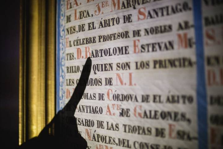 La guía señala la parte del documento donde indica que Murillo perteneció a la hermandad del Hosital de la Caridad, Sevilla.
