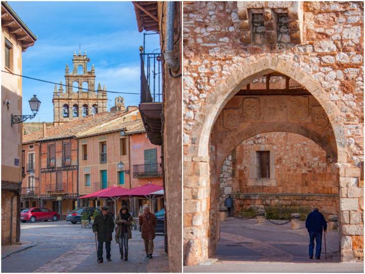 Ayllón. Plaza Mayor con el campanario de Santa María la Mayor y Arco Medieval.