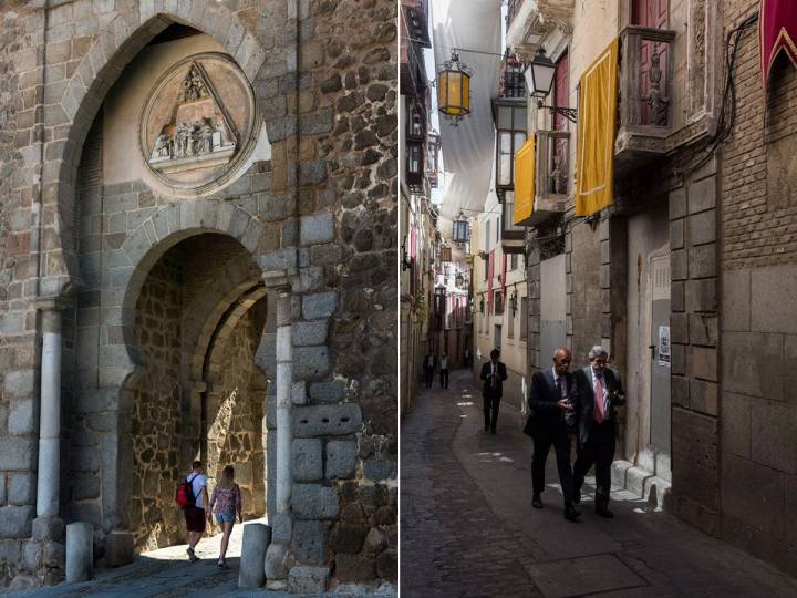 La Puerta del Sol de Toledo, una de las entradas al barrio y la calle Alfileritos.