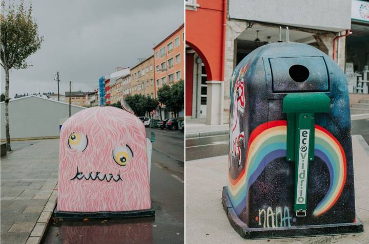 Street art en Ordes: contenedores de vidrio decorados por artistas urbanos.