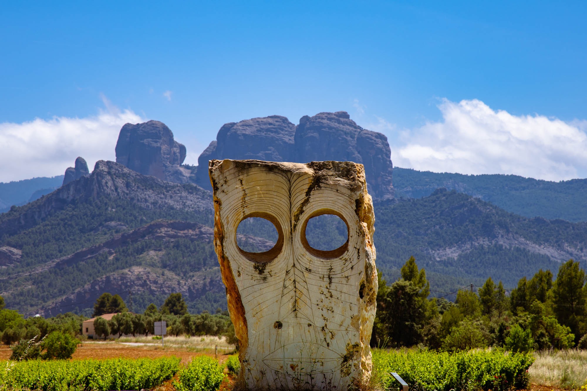 Curioso el contraste de esta escultura con forma de búho desde donde se divisan las Roques de Benet.