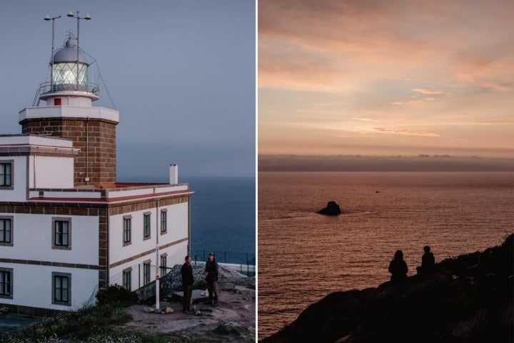 Unos peregrinos al atardecer en el faro de Finisterre, en O Camiño dos Faros (Costa da Morte, A Coruña).