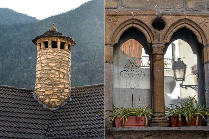 Chimeneas 'espantabrujas' y ventana renacentista del maestro de Aucum.