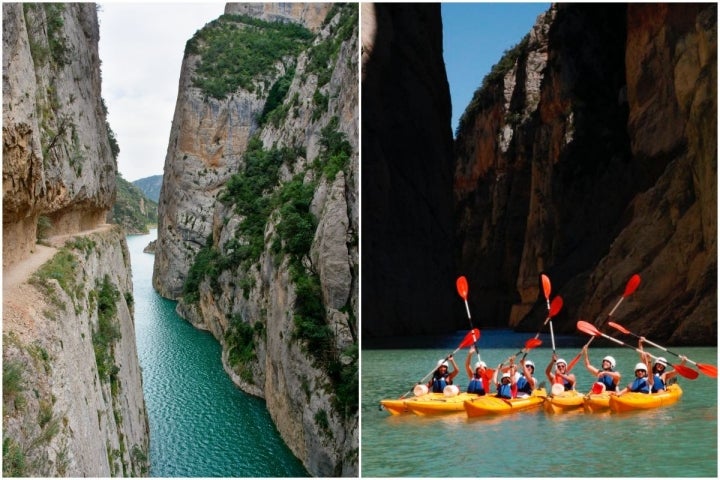 Montaje de acantilados del Mont Rebei y un grupo de turistas en kayak. Foto: Montsec Activa.