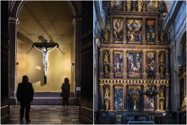 El 'Cristo de Cellini' (algo pagano) y el altar, a la derecha la puerta de Felipe II.