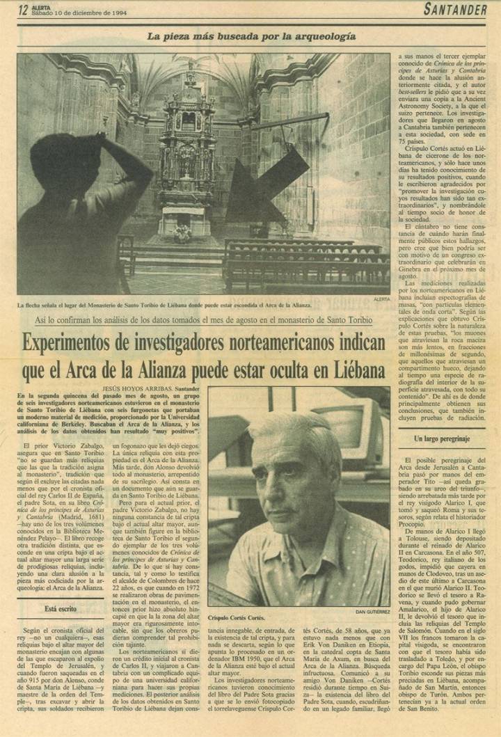 Artículo de prensa del 19 de diciembre de 1994 sobre la búsqueda del Arca de la Alianza en Liébana.