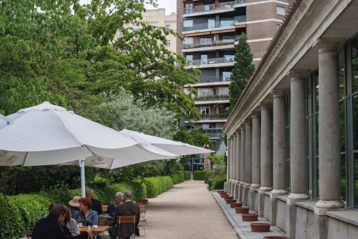 La zona de terraza junto al pabellón de Villanueva en el Real Jardín Botánico de Madrid.