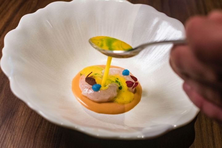Panna cota de coral con quisquilla con calabaza fermentada y aceite de eneldo
